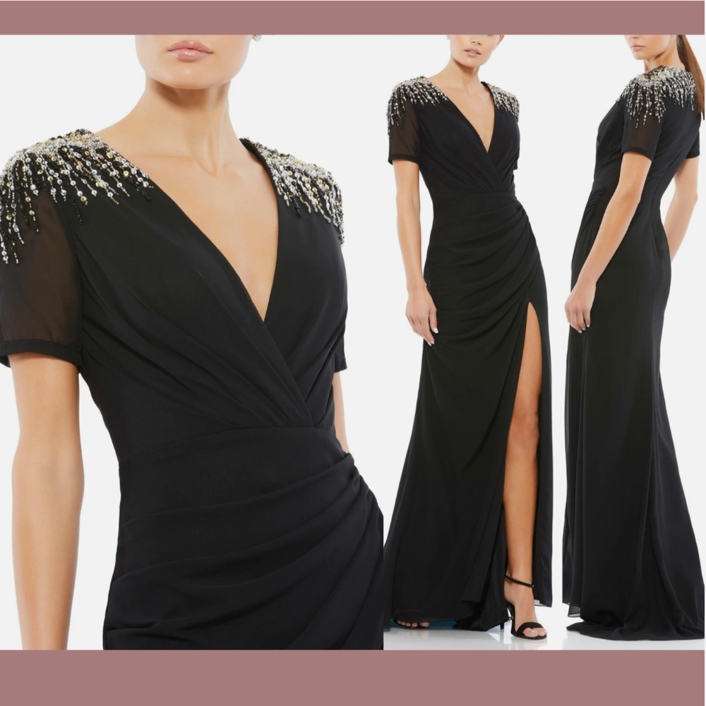 NWT $498 IEENA Mac Duggal [ 14 ]‎ Sequined Embellished Shoulder Gown Black